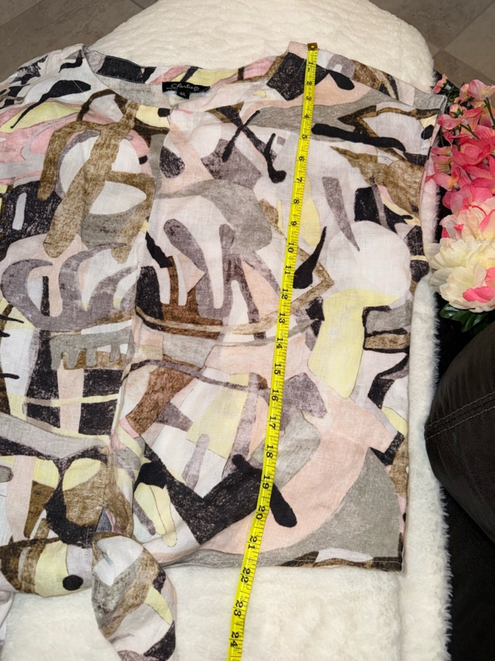 3 x 20$ Women’s Abstract Print Tie-Hem Top - White/Pink/Gray 100% Linen Size L - Picture 4 of 8